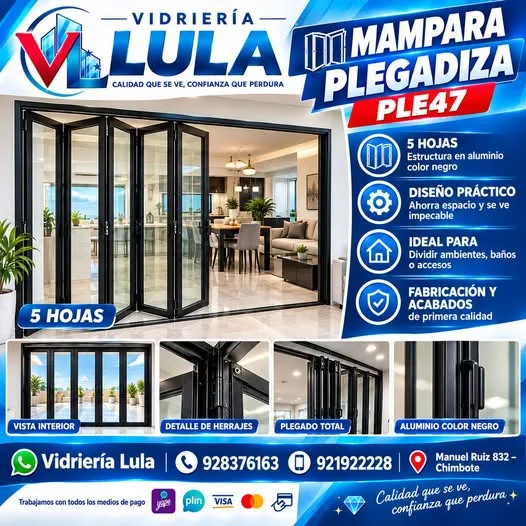 Vidriería Lula en Chimbote: mamparas plegadizas, duchas de vidrio templado, ventanas termoacústicas, puertas de aluminio y espejos a medida